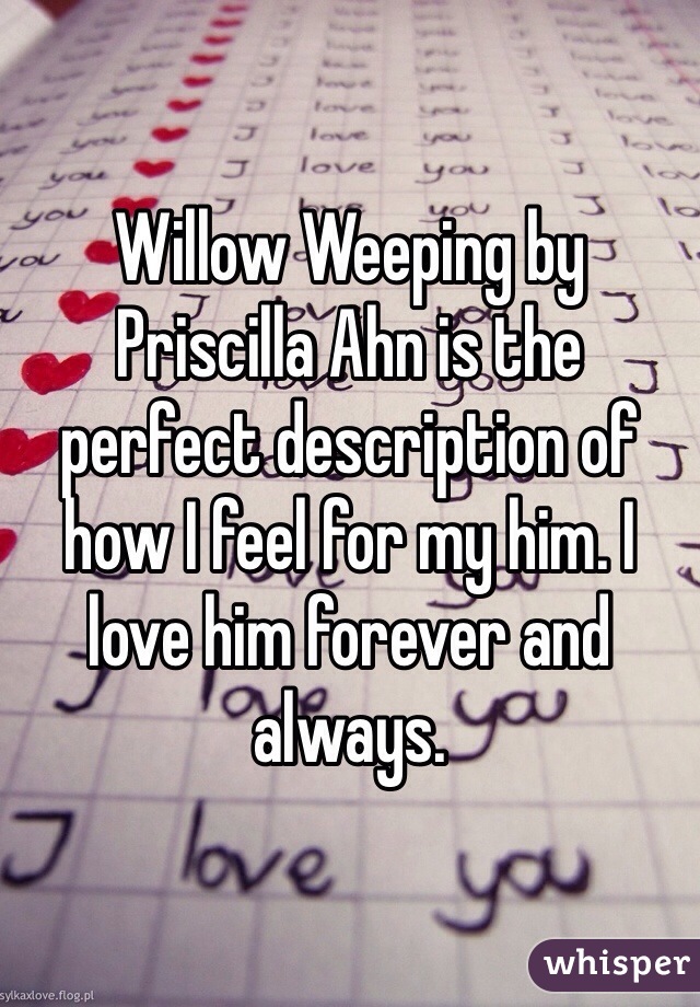 Willow Weeping by Priscilla Ahn is the perfect description of how I feel for my him. I love him forever and always.