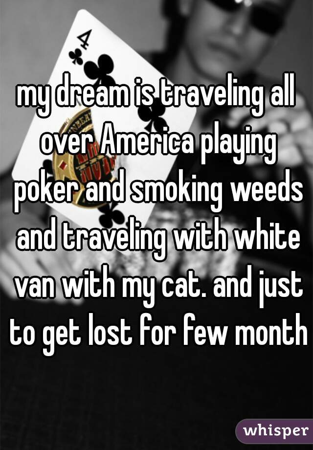 my dream is traveling all over America playing poker and smoking weeds and traveling with white van with my cat. and just to get lost for few months