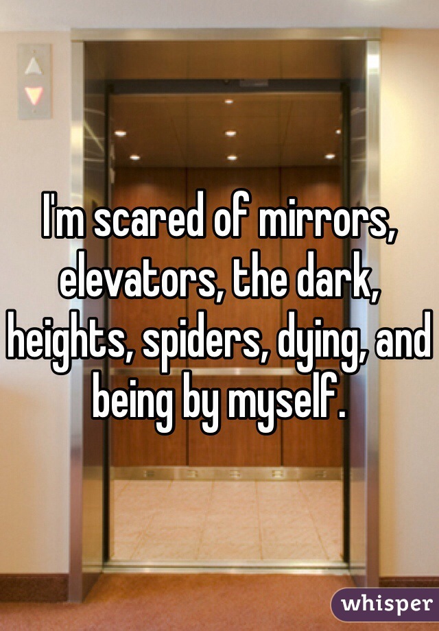 I'm scared of mirrors, elevators, the dark, heights, spiders, dying, and being by myself.