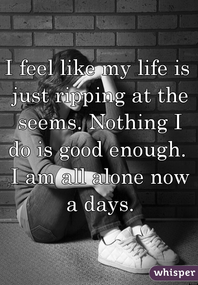 I feel like my life is just ripping at the seems. Nothing I do is good enough.  I am all alone now a days.