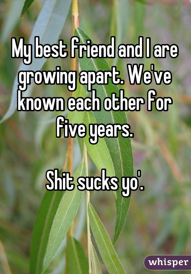 My best friend and I are growing apart. We've known each other for five years.

Shit sucks yo'.