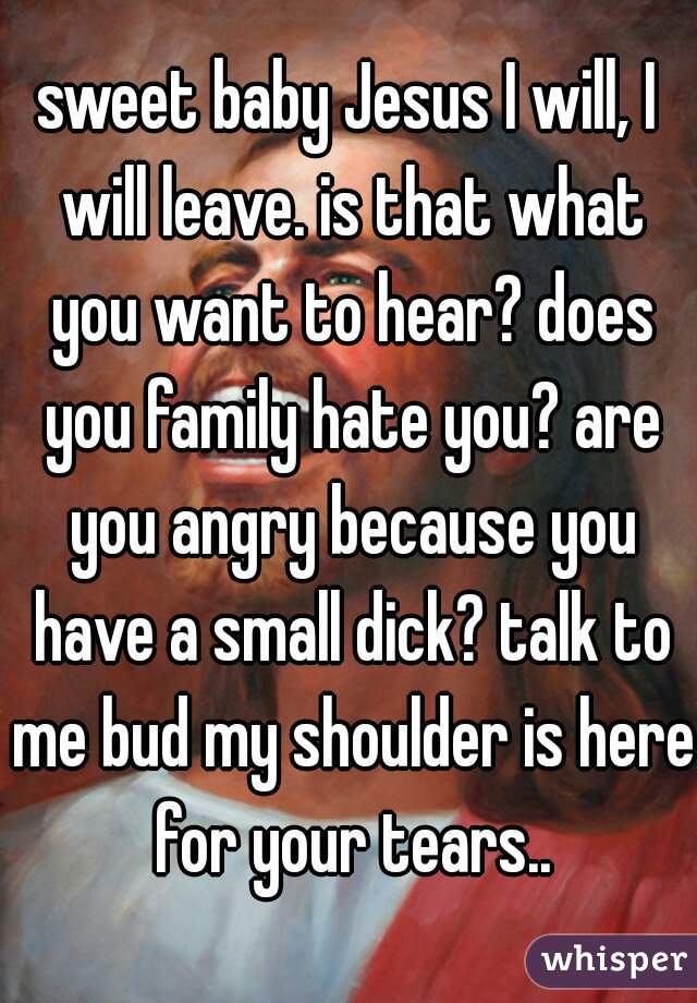 sweet baby Jesus I will, I will leave. is that what you want to hear? does you family hate you? are you angry because you have a small dick? talk to me bud my shoulder is here for your tears..