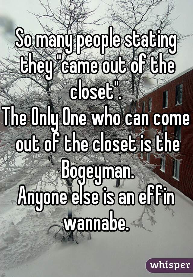 So many people stating they "came out of the closet". 
The Only One who can come out of the closet is the Bogeyman.
Anyone else is an effin wannabe. 