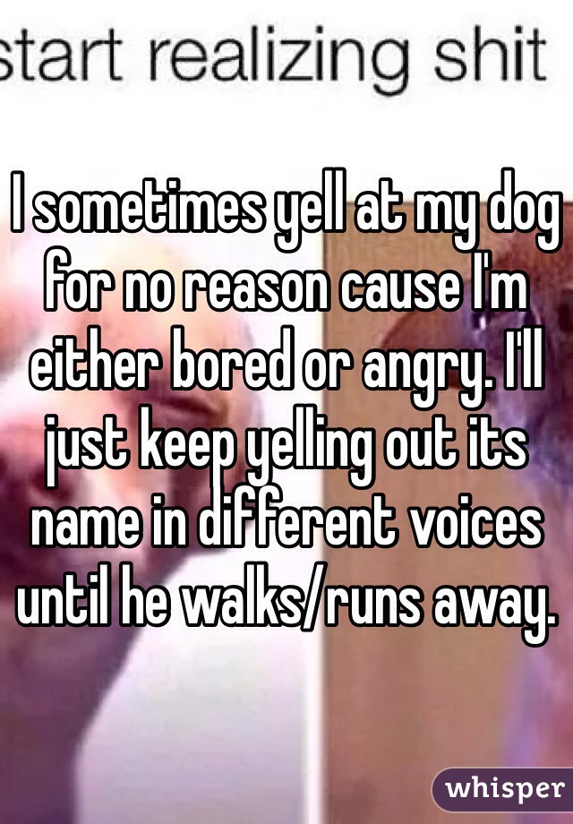 I sometimes yell at my dog for no reason cause I'm either bored or angry. I'll just keep yelling out its name in different voices until he walks/runs away.