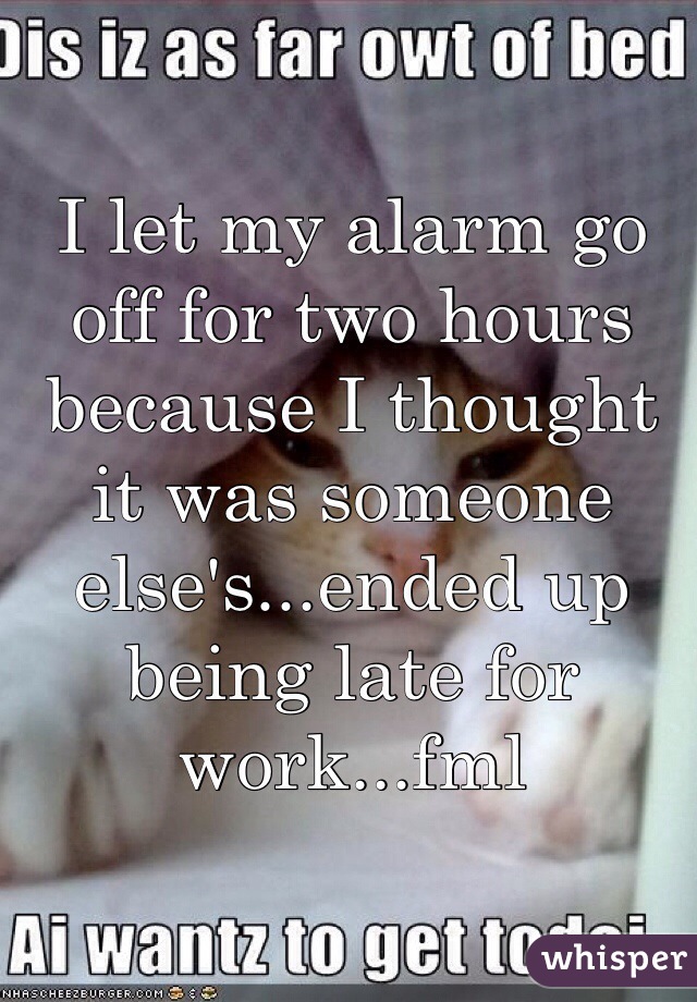 I let my alarm go off for two hours because I thought it was someone else's...ended up being late for work...fml