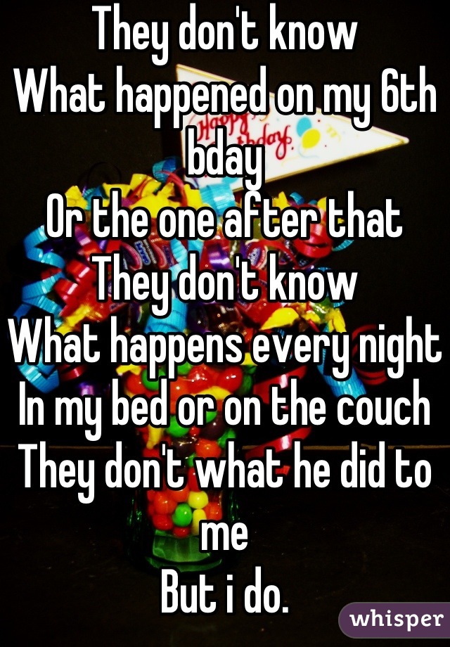 They don't know 
What happened on my 6th bday
Or the one after that 
They don't know
What happens every night
In my bed or on the couch
They don't what he did to me
But i do.