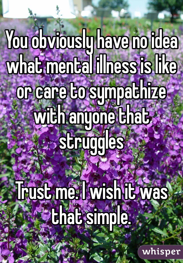 You obviously have no idea what mental illness is like or care to sympathize with anyone that struggles 

Trust me. I wish it was that simple. 
