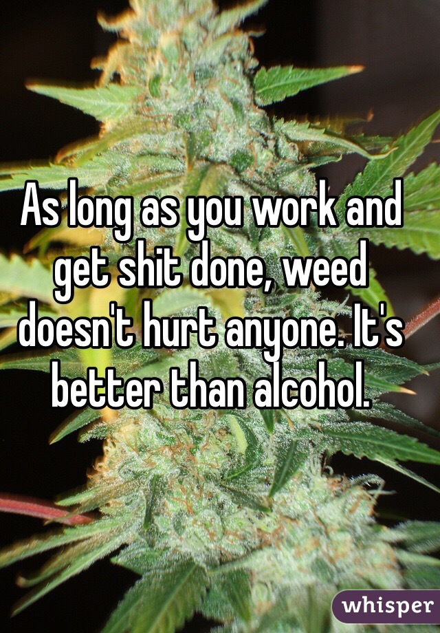 As long as you work and get shit done, weed doesn't hurt anyone. It's better than alcohol. 