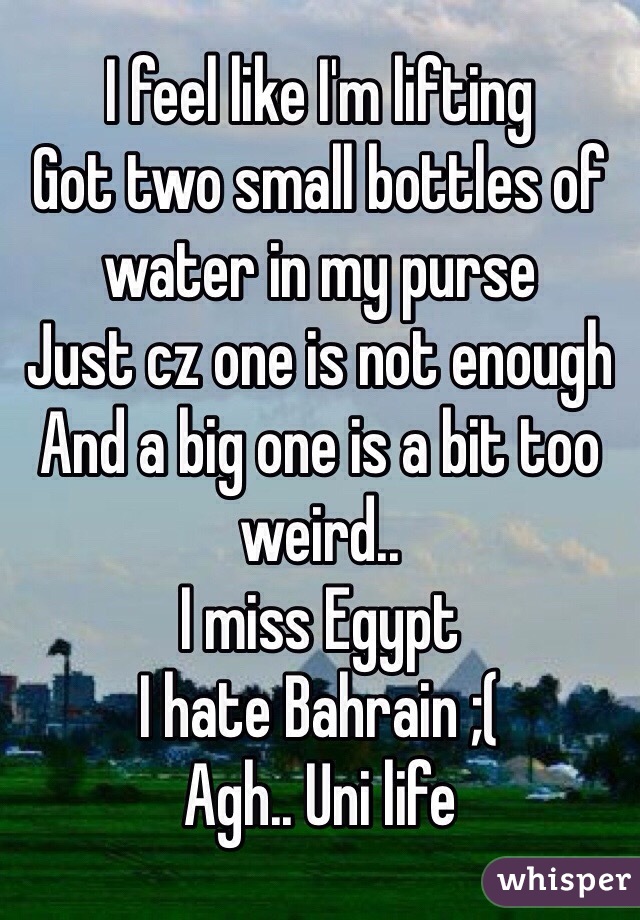 I feel like I'm lifting 
Got two small bottles of water in my purse 
Just cz one is not enough 
And a big one is a bit too weird..  
I miss Egypt
I hate Bahrain ;( 
Agh.. Uni life 