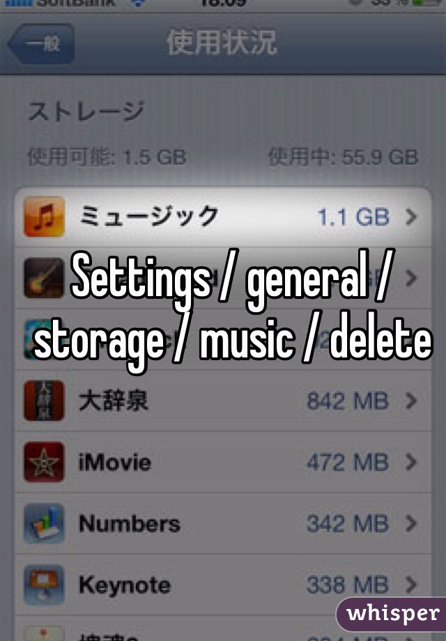 Settings / general / storage / music / delete
