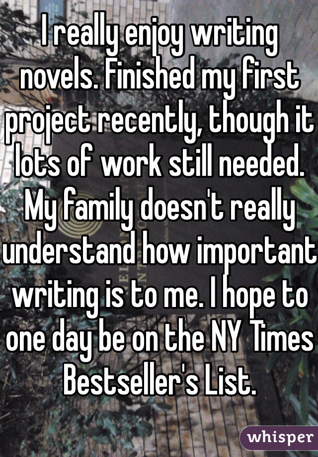 I really enjoy writing novels. Finished my first project recently, though it lots of work still needed. My family doesn't really understand how important writing is to me. I hope to one day be on the NY Times Bestseller's List.