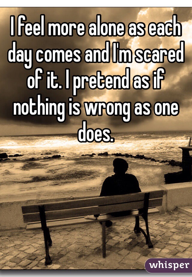 I feel more alone as each day comes and I'm scared of it. I pretend as if nothing is wrong as one does. 