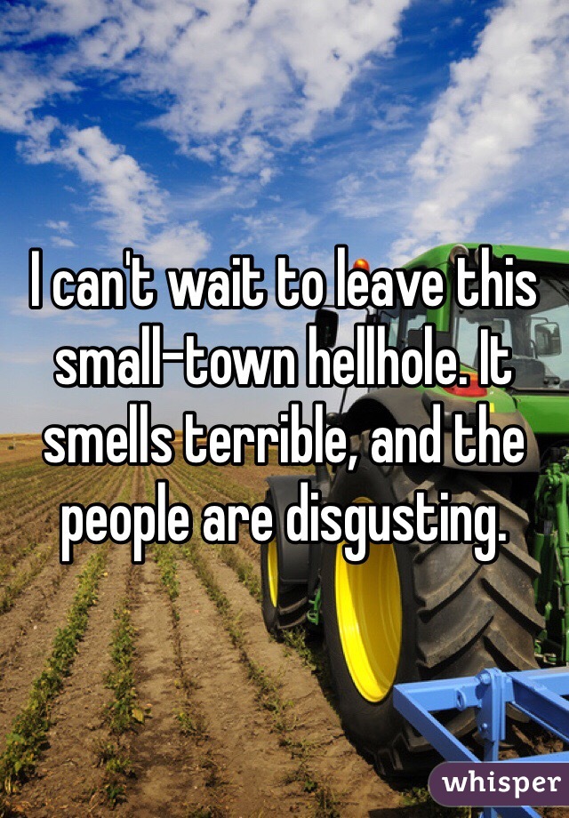 I can't wait to leave this small-town hellhole. It smells terrible, and the people are disgusting. 