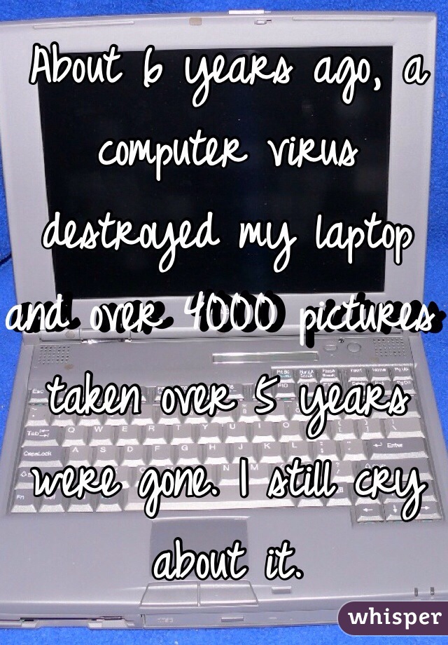 About 6 years ago, a computer virus destroyed my laptop and over 4000 pictures taken over 5 years were gone. I still cry about it. 