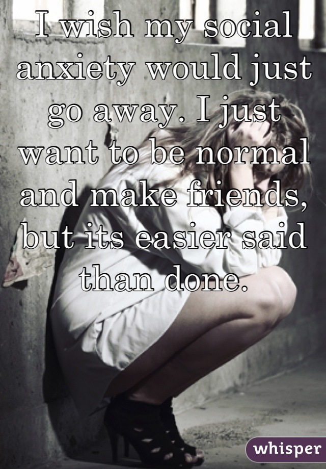 I wish my social anxiety would just go away. I just want to be normal and make friends, but its easier said than done.