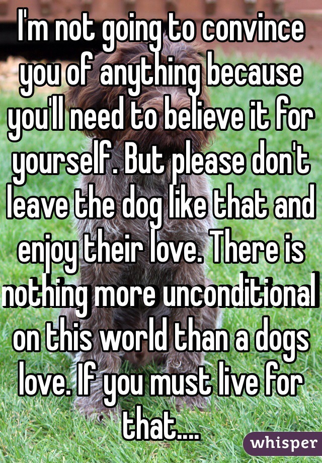 I'm not going to convince you of anything because you'll need to believe it for yourself. But please don't leave the dog like that and enjoy their love. There is nothing more unconditional on this world than a dogs love. If you must live for that....