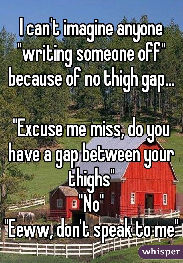 I can't imagine anyone "writing someone off" because of no thigh gap...

"Excuse me miss, do you have a gap between your thighs"
"No"
"Eeww, don't speak to me"