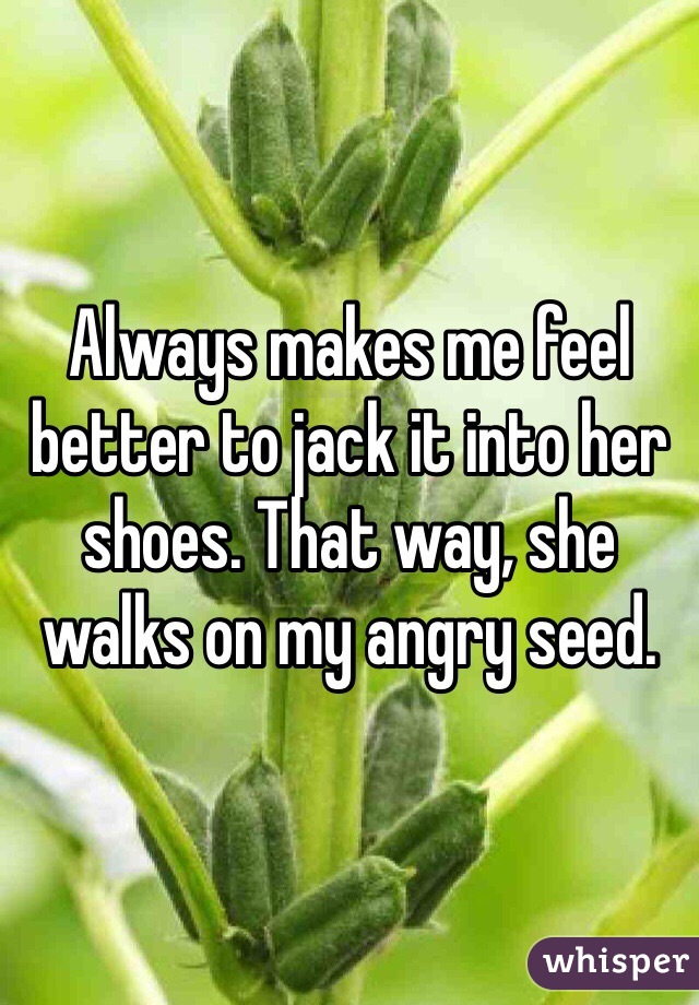 Always makes me feel better to jack it into her shoes. That way, she walks on my angry seed. 
