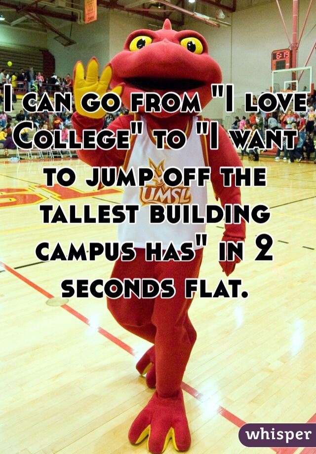 I can go from "I love College" to "I want to jump off the tallest building campus has" in 2 seconds flat.