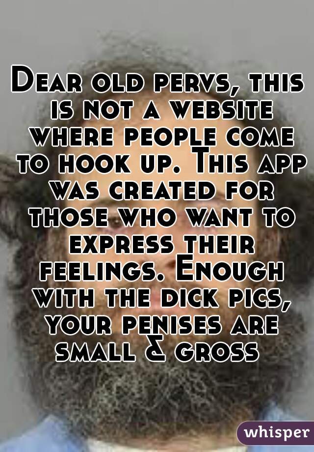 Dear old pervs, this is not a website where people come to hook up. This app was created for those who want to express their feelings. Enough with the dick pics, your penises are small & gross 