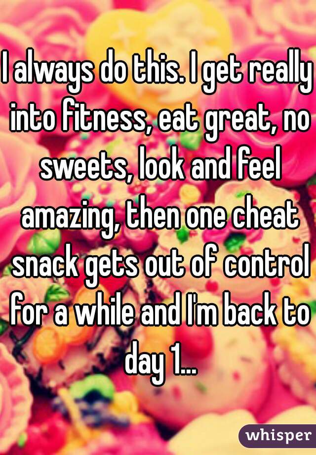 I always do this. I get really into fitness, eat great, no sweets, look and feel amazing, then one cheat snack gets out of control for a while and I'm back to day 1...