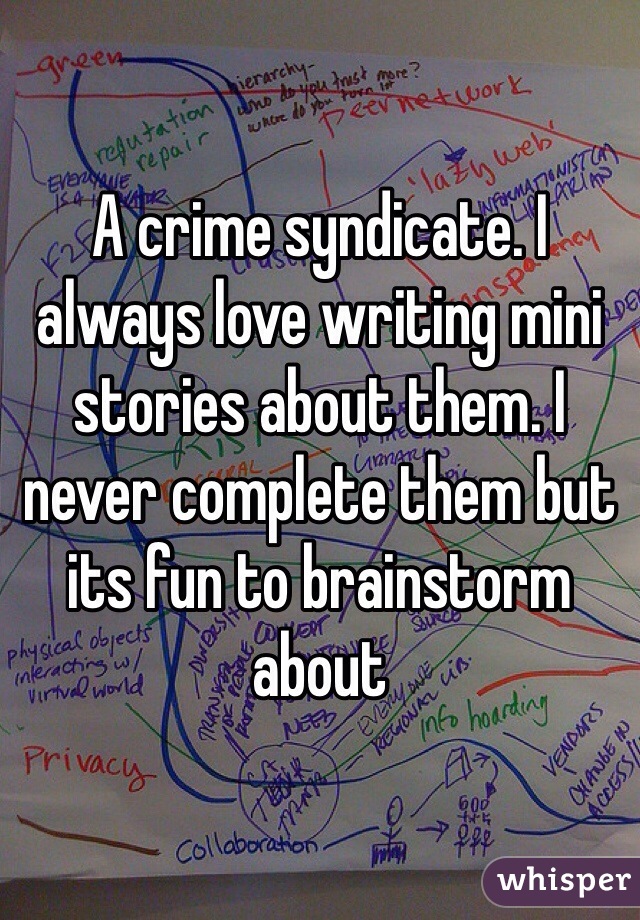 A crime syndicate. I always love writing mini stories about them. I never complete them but its fun to brainstorm about