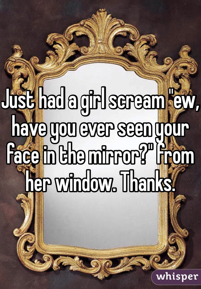 Just had a girl scream "ew, have you ever seen your face in the mirror?" from her window. Thanks. 