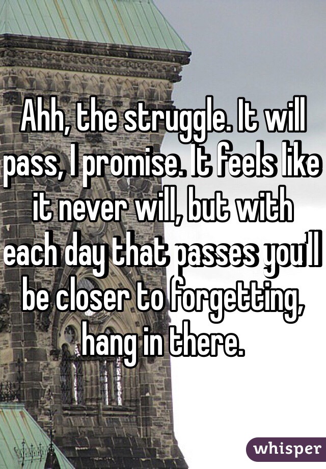 Ahh, the struggle. It will pass, I promise. It feels like it never will, but with each day that passes you'll be closer to forgetting, hang in there. 
