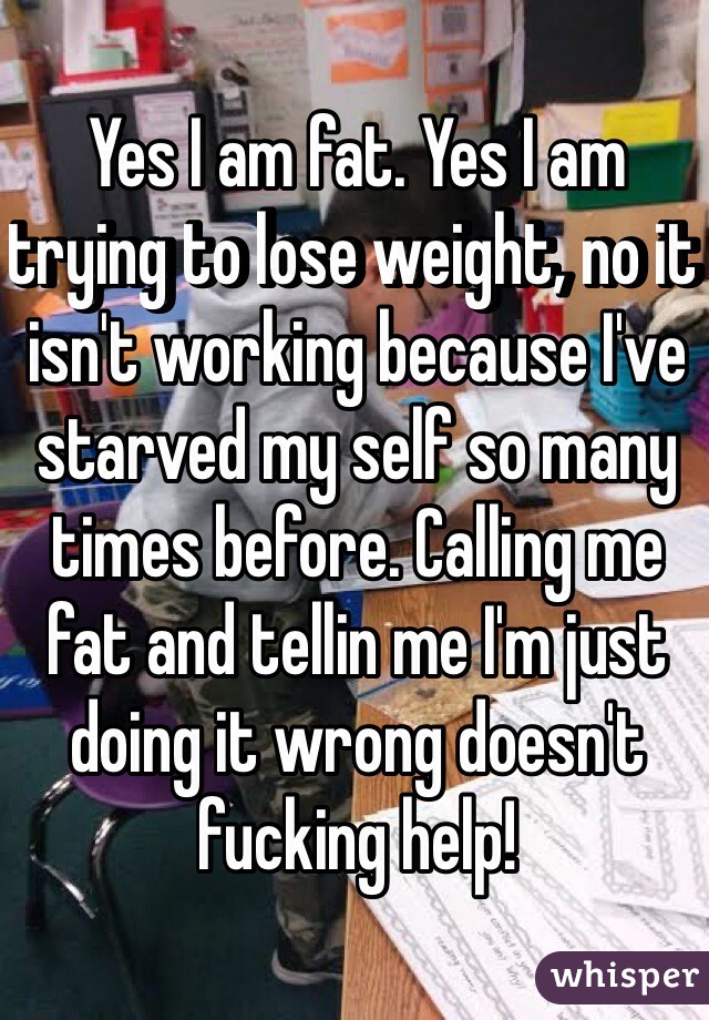 Yes I am fat. Yes I am trying to lose weight, no it isn't working because I've starved my self so many times before. Calling me fat and tellin me I'm just doing it wrong doesn't fucking help! 