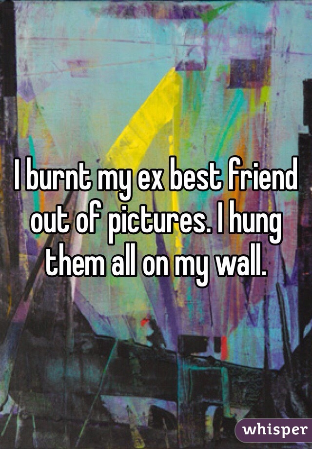 I burnt my ex best friend out of pictures. I hung them all on my wall. 