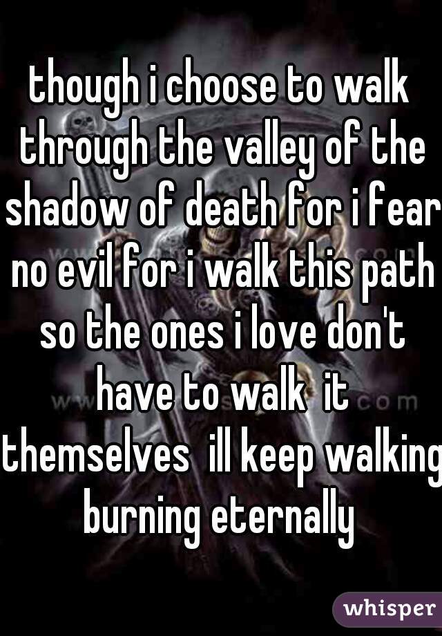 though i choose to walk through the valley of the shadow of death for i fear no evil for i walk this path so the ones i love don't have to walk  it themselves  ill keep walking burning eternally 