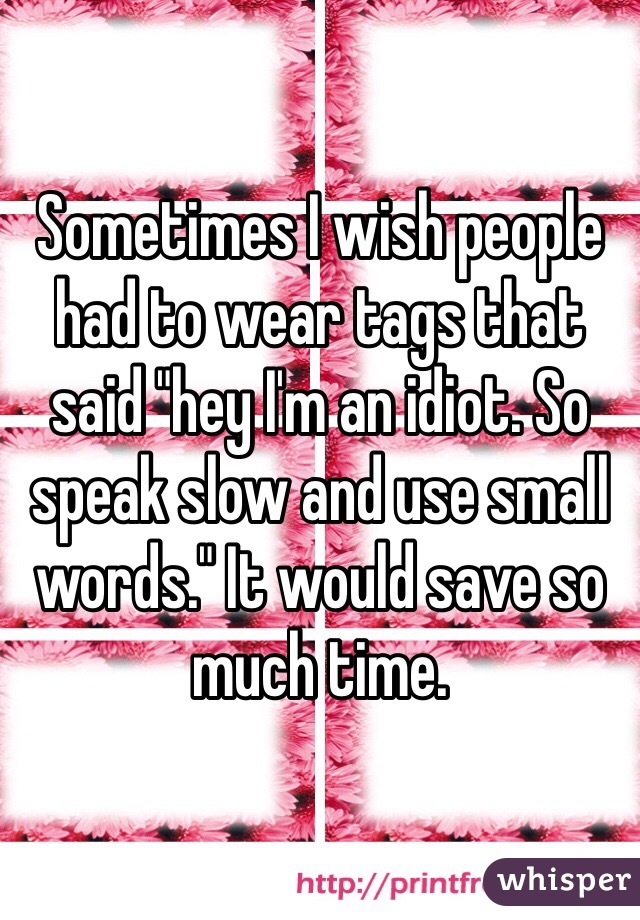 Sometimes I wish people had to wear tags that said "hey I'm an idiot. So speak slow and use small words." It would save so much time. 