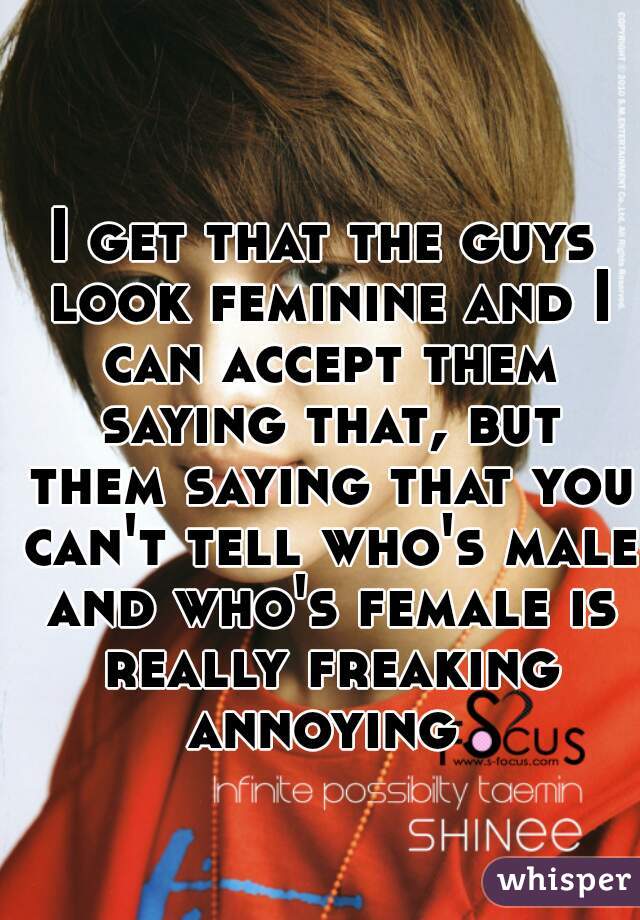 I get that the guys look feminine and I can accept them saying that, but them saying that you can't tell who's male and who's female is really freaking annoying 