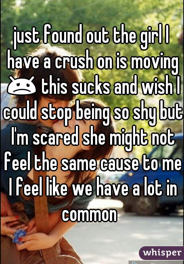 just found out the girl I have a crush on is moving 😞 this sucks and wish I could stop being so shy but I'm scared she might not feel the same cause to me I feel like we have a lot in common  