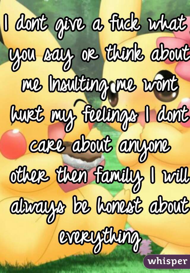 I dont give a fuck what you say or think about me Insulting me wont hurt my feelings I dont care about anyone other then family I will always be honest about everything