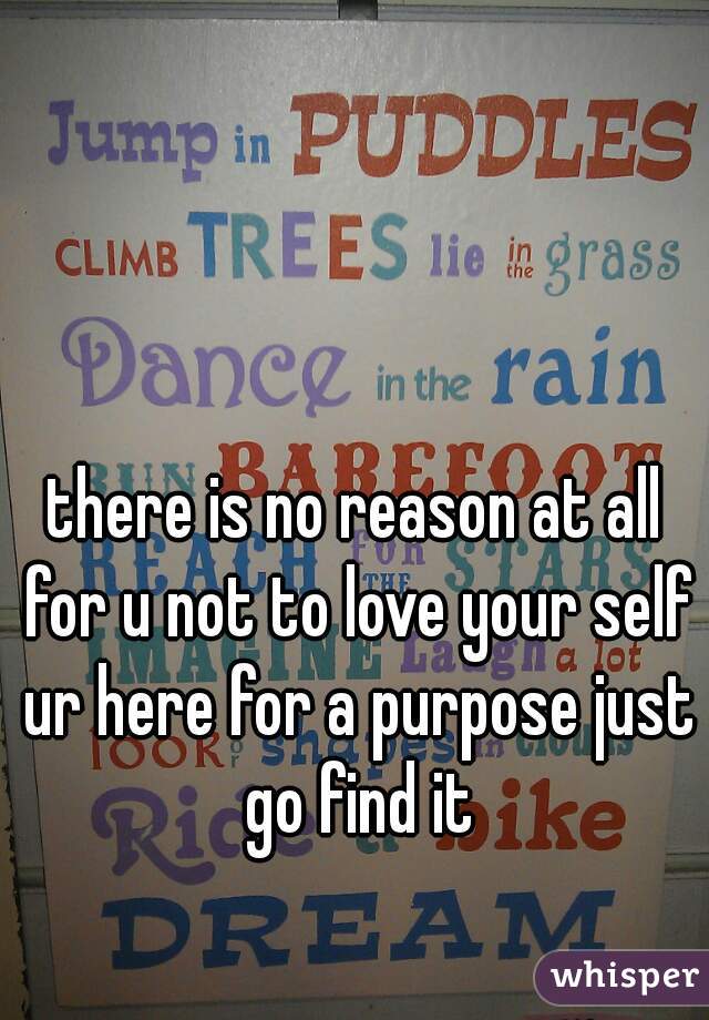 there is no reason at all for u not to love your self ur here for a purpose just go find it