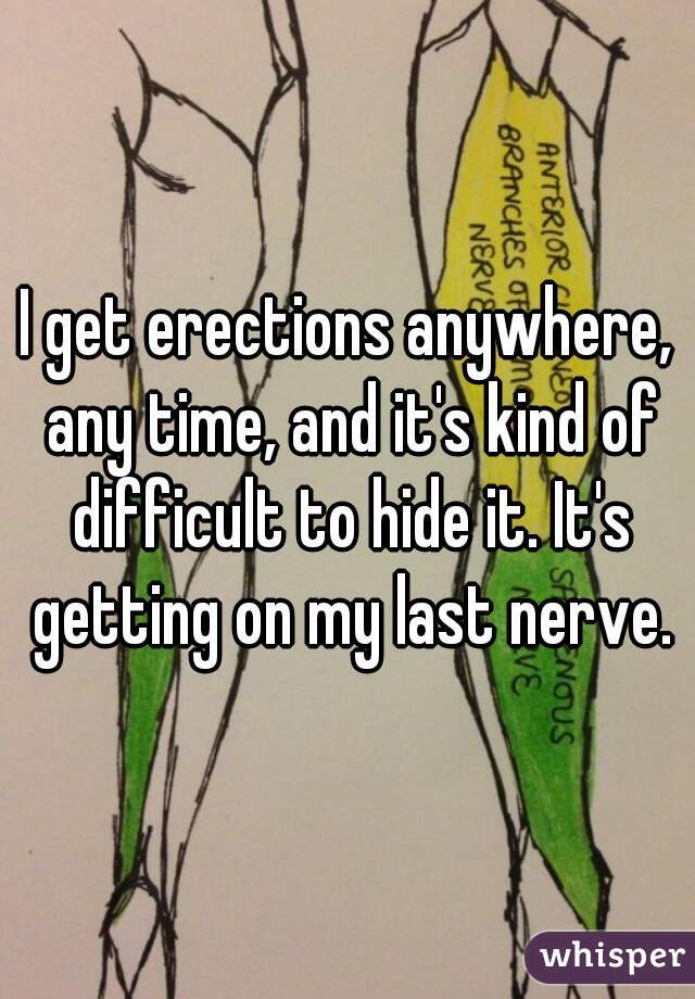 I get erections anywhere, any time, and it's kind of difficult to hide it. It's getting on my last nerve.