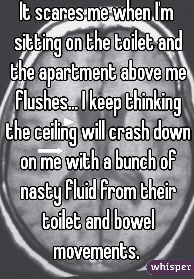 It scares me when I'm sitting on the toilet and the apartment above me flushes... I keep thinking the ceiling will crash down on me with a bunch of nasty fluid from their toilet and bowel movements. 