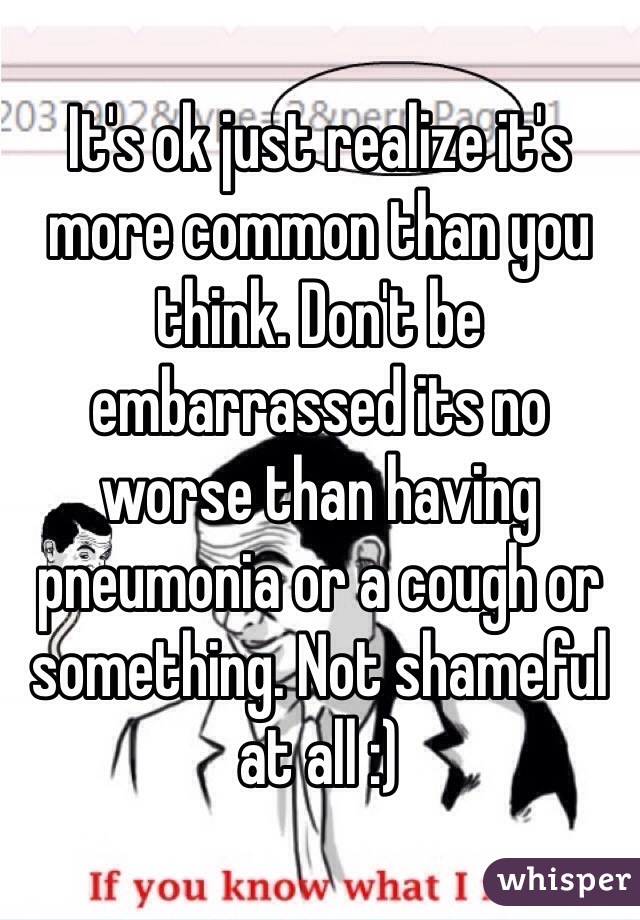 It's ok just realize it's more common than you think. Don't be embarrassed its no worse than having pneumonia or a cough or something. Not shameful at all :)