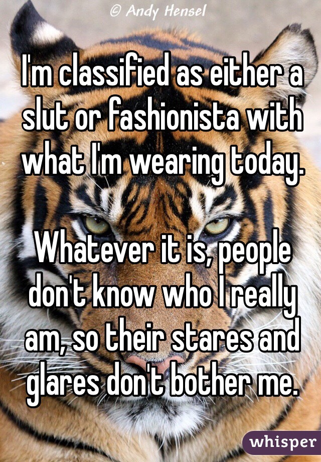 I'm classified as either a slut or fashionista with what I'm wearing today. 

Whatever it is, people don't know who I really am, so their stares and glares don't bother me. 