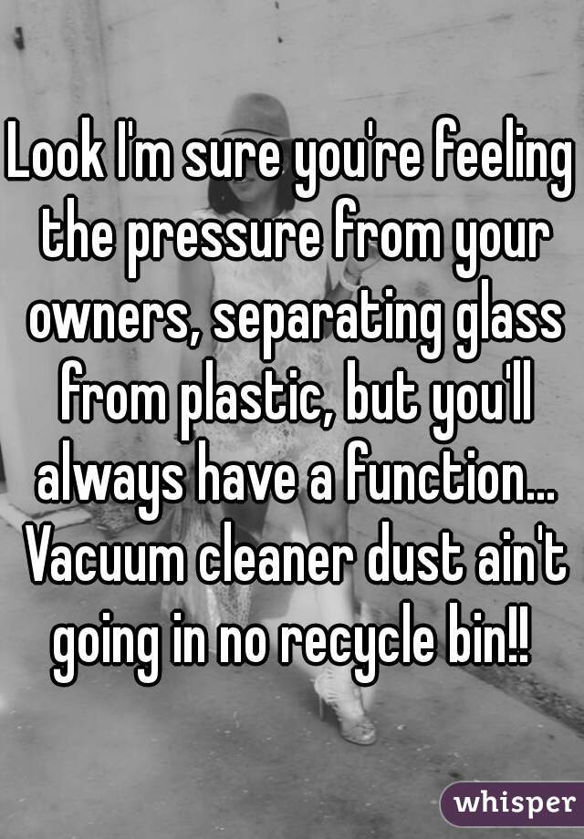 Look I'm sure you're feeling the pressure from your owners, separating glass from plastic, but you'll always have a function... Vacuum cleaner dust ain't going in no recycle bin!! 