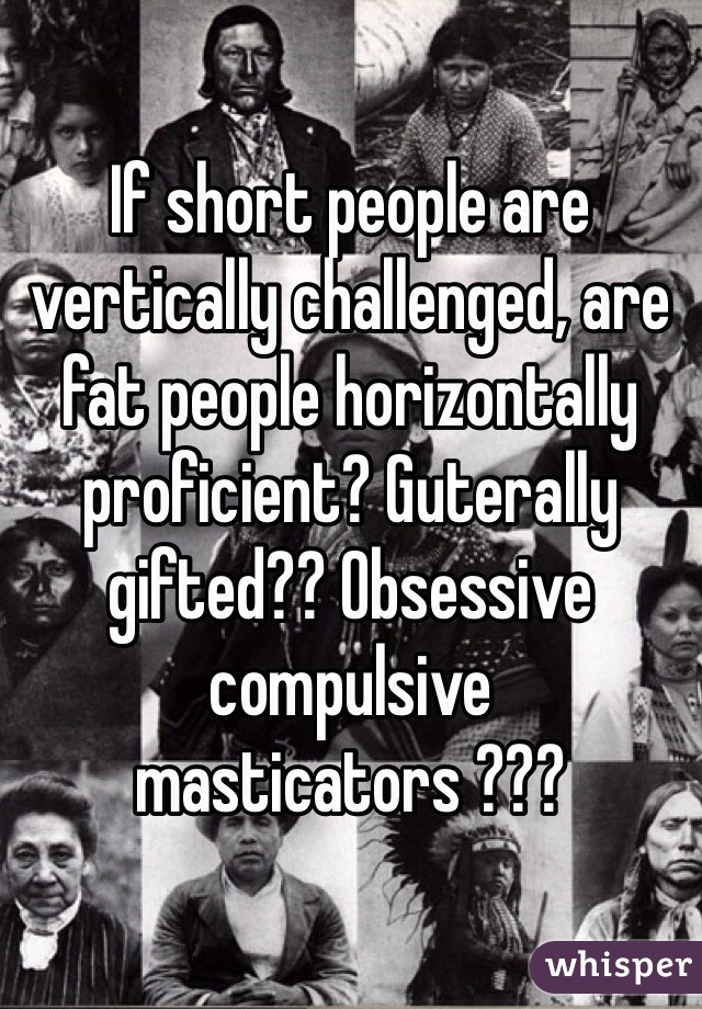 If short people are vertically challenged, are fat people horizontally proficient? Guterally gifted?? Obsessive compulsive masticators ???