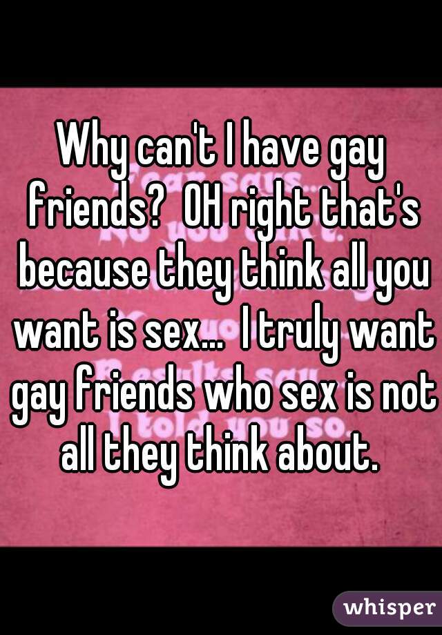 Why can't I have gay friends?  OH right that's because they think all you want is sex...  I truly want gay friends who sex is not all they think about. 