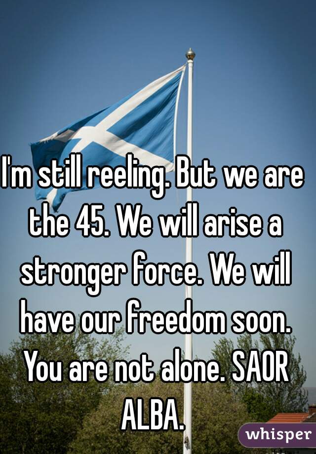I'm still reeling. But we are the 45. We will arise a stronger force. We will have our freedom soon. You are not alone. SAOR ALBA. 