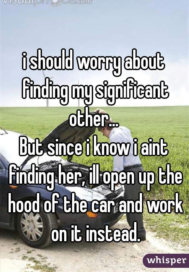 i should worry about finding my significant other... 

But since i know i aint finding her, ill open up the hood of the car and work on it instead.