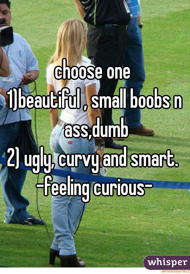 choose one 
1)beautiful , small boobs n ass,dumb
2) ugly, curvy and smart. 
-feeling curious-