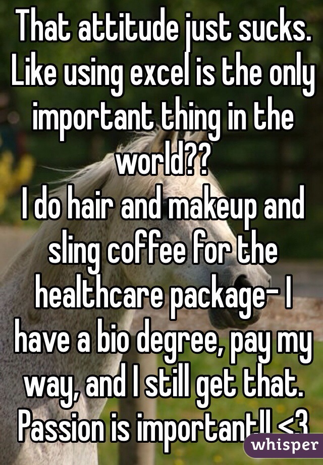 That attitude just sucks. Like using excel is the only important thing in the world??
I do hair and makeup and sling coffee for the healthcare package- I have a bio degree, pay my way, and I still get that. Passion is important!! <3