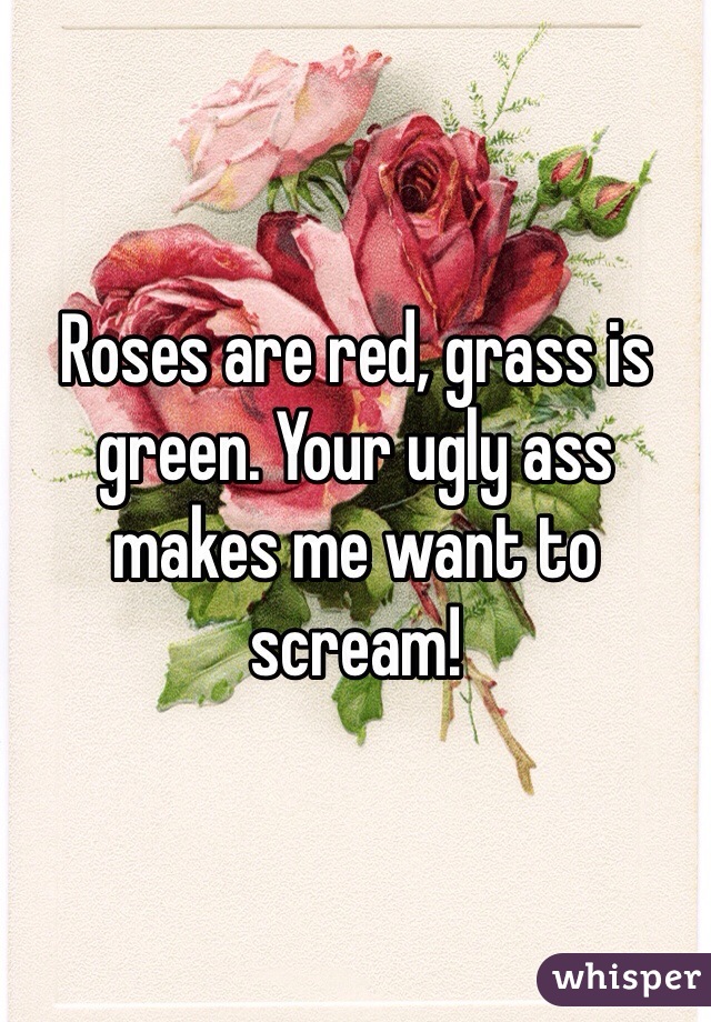 Roses are red, grass is green. Your ugly ass makes me want to scream! 