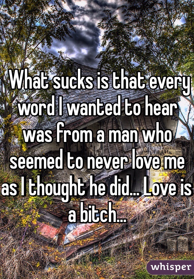  What sucks is that every word I wanted to hear was from a man who seemed to never love me as I thought he did... Love is a bitch...