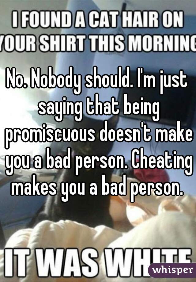 No. Nobody should. I'm just saying that being promiscuous doesn't make you a bad person. Cheating makes you a bad person. 